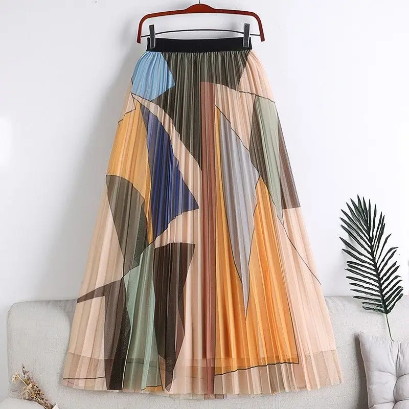 2023 Summer Women's Mesh Printed Pleated Mini Half long skirt women summer women clothing 2023 new arrivals