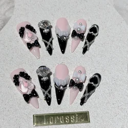 Elegant Black and Pink Handmade Press - On Nails with French Almond Design and Cute Bow Accents (Pink - L)