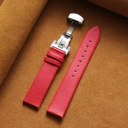 Sleek Genuine Leather Watch Band with Butterfly Buckle - 22mm (Red)