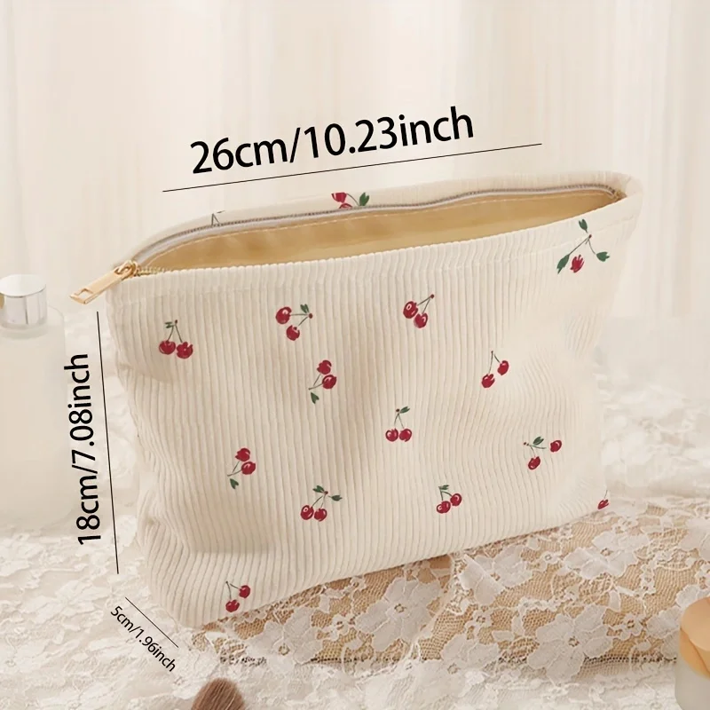 Cherry printed corduroy makeup bag, lightweight zipper makeup storage box, multifunctional bag with lining 2