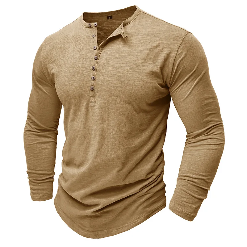 Langarm-Henley-Hemd für Herren, 100 % Baumwolle, weiche, atmungsaktive Oberteile, stilvolle T-Shirts mit Knopfhalsausschnitt, modische, solide Kleidung – Detail 22