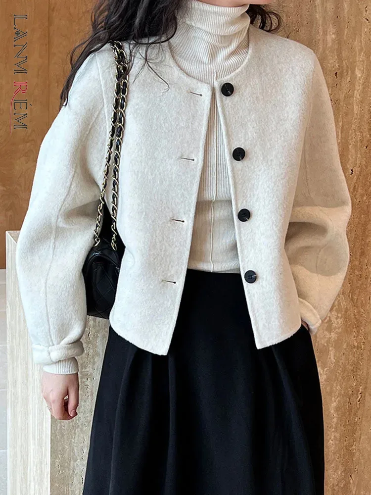 

LANMREM Korean Style Wool Short Coat Women Round Neck Single Breasted Solid Color Coat Fashion 2024 Spring New Clothing 2AA4406