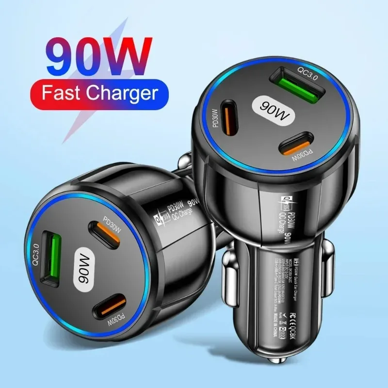 

3 in 1 Car Charger 90W Fast Charging PD QC3.0 USB Type-C for IPhone 14 15 Pro Max Samsung Huawei Xiaomi Phone Adapter