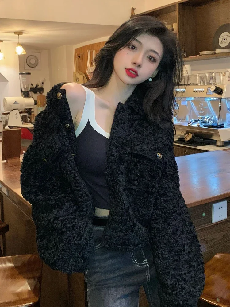 Fashionable High-End Black Women's Woolen Jackets Autumn Winter Commuter Round Neck Long Sleeve Thick Warm Beautiful Slim Coats