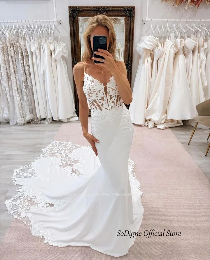 SoDigne Mermaid Satin Wedding Dresses V-neck Spaghetti Straps Lace Appliques Bridal Dress Long 2025 Bride Gown Customized 2