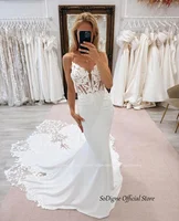 SoDigne Mermaid Satin Wedding Dresses V-neck Spaghetti Straps Lace Appliques Bridal Dress Long 2025 Bride Gown Customized 2