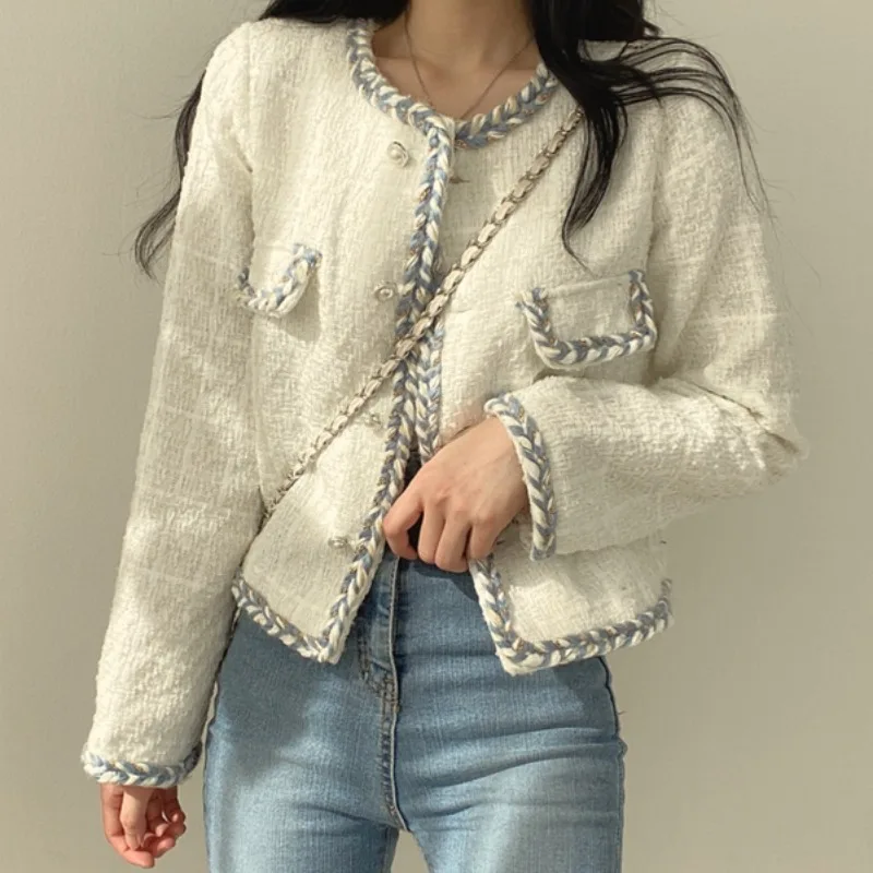 

Fall Blend Solid 2022 Winter Beading Clothes Cropped Outwear Woolen Luxury Tweed Cotton Korean Outwear Elegant Coat Women Jacket