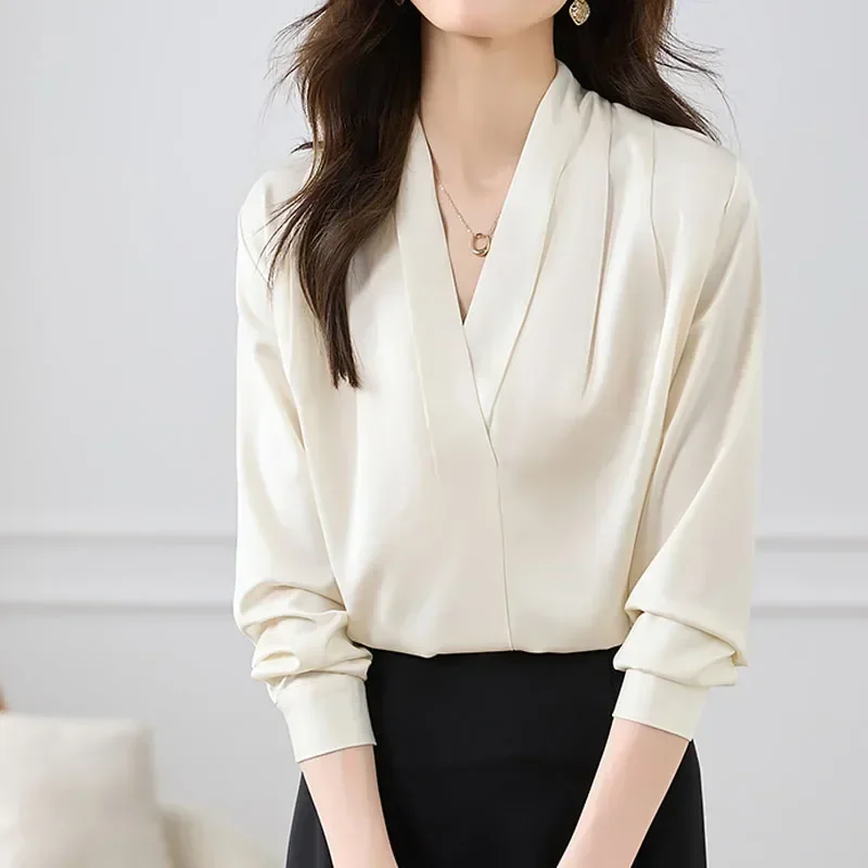 

Women's Long Sleeve Shirts Fashion Chiffon V Neck Women Blouse Office Lady Apricot New Elegant Female Clothing Woman Tops 29464
