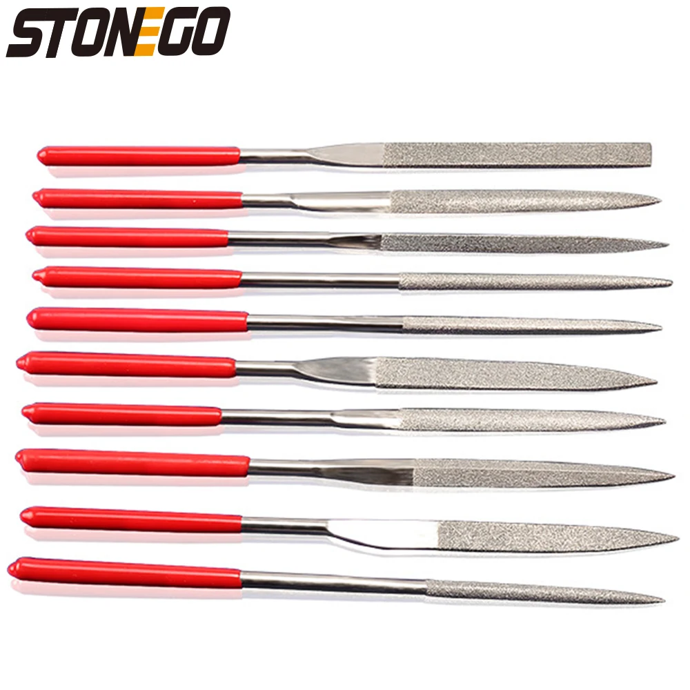 Description Picture 2 of itemSTONEGO Mini Needle File Set, 10PCS, Diamond Coated, 140mm Length, 3mm Width, for Ceramics, Glass, Gems, and Crafts