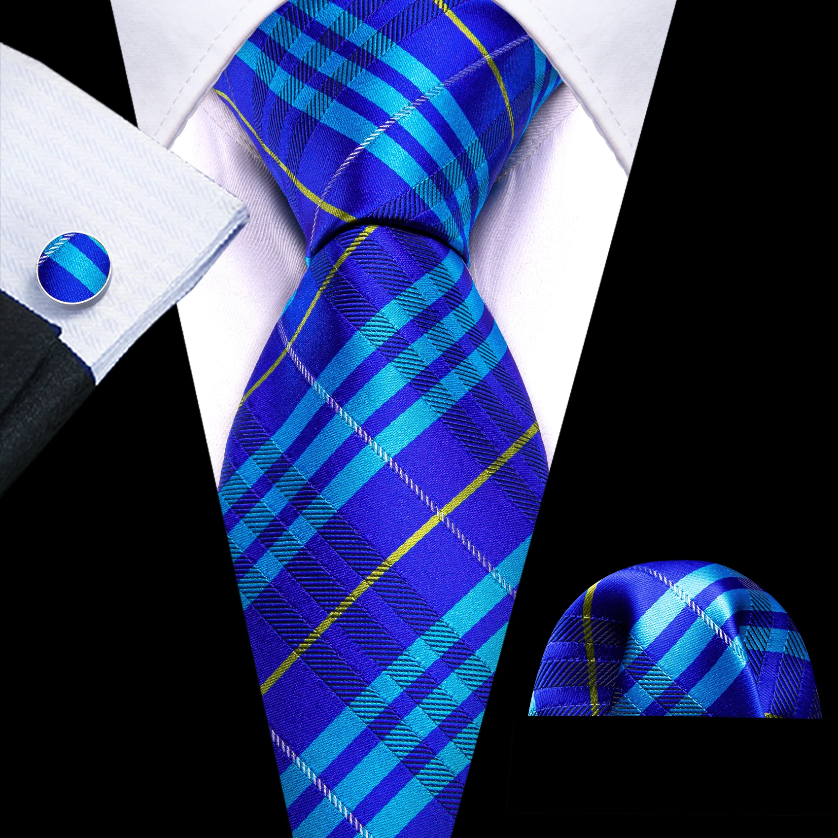 

Royal Blue Plaid Necktie Pocket Square Cufflinks Set Fashion Silk Tie For Men Wedding Business Birthday Designer Barry.Wang