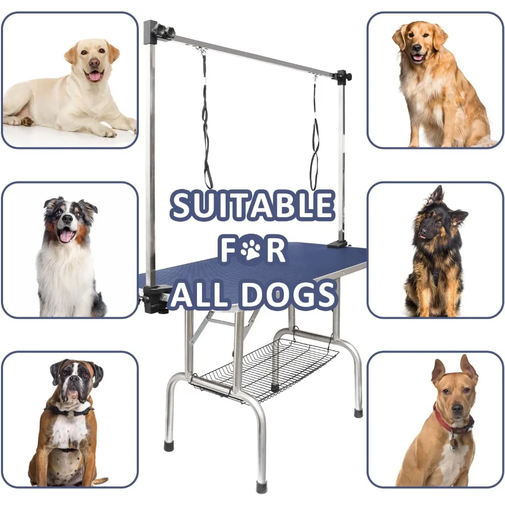 Folding 46-inch Pet Grooming Table with Adjustable Height Arm, Noose, and Mesh Tray for Home Bathing Station