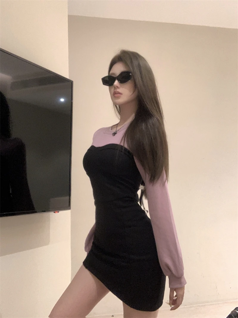 Sexy Patchwork Mini Dresses Women Long Sleeve Bodycon Lace-up Hollow Out Y2K Club Party Dress Korean Fashion Autumn New Vestidos