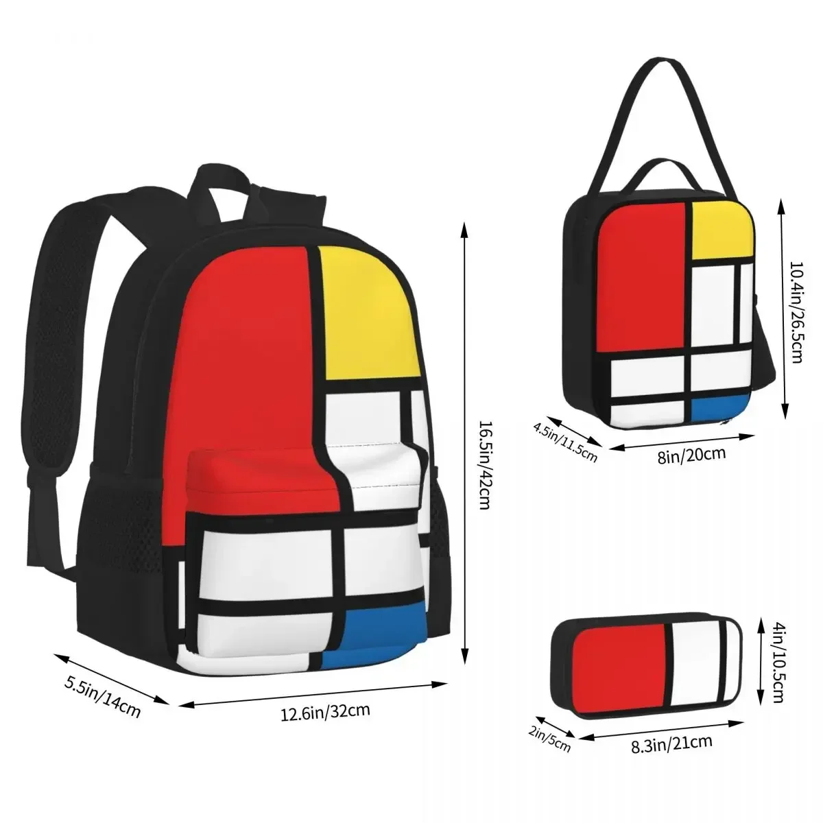 

My Mondrian Backpacks Boys Girls Bookbag Children School Bags Cartoon Kids Rucksack Lunch Bag Pen Bag Three-Piece Set