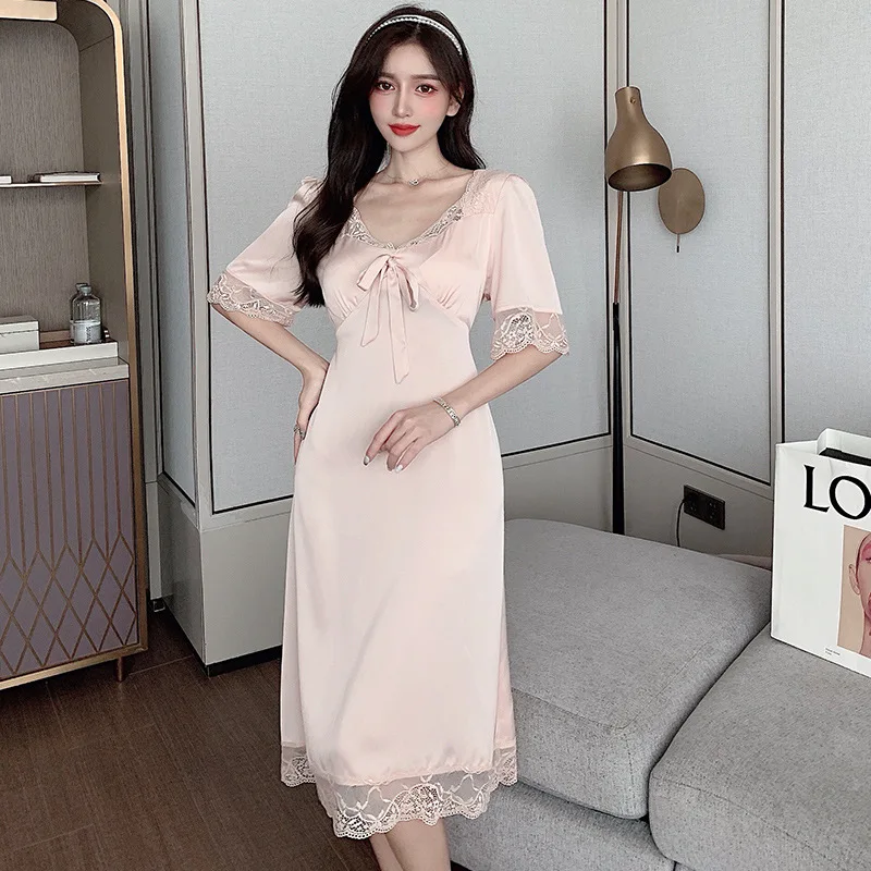 

Женская пятнистая Пижама, ночная рубашка с V-образным вырезом и коротким рукавом, свободная пикантная одежда для отдыха, кружевная ночная рубашка с бантом для женщин, Ночная одежда