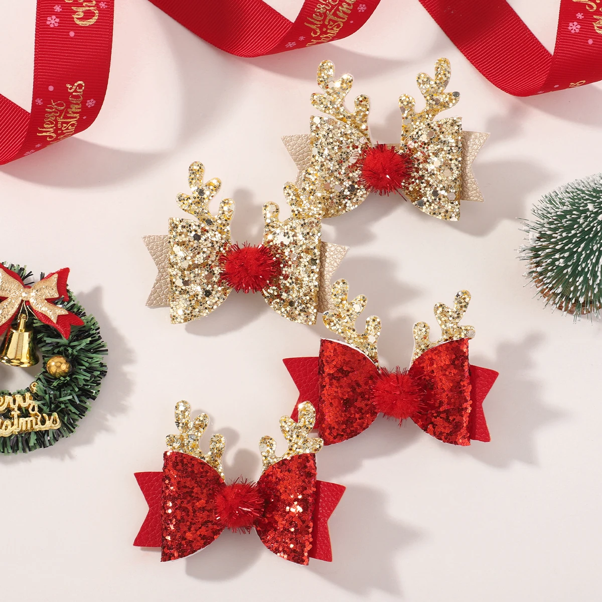 2Pcs/set Red Sparkling Bow Hair Clip Exquisite Christmas Deer Lucky Hairpin for Girls Ponytail Headwear Sweet Headclip