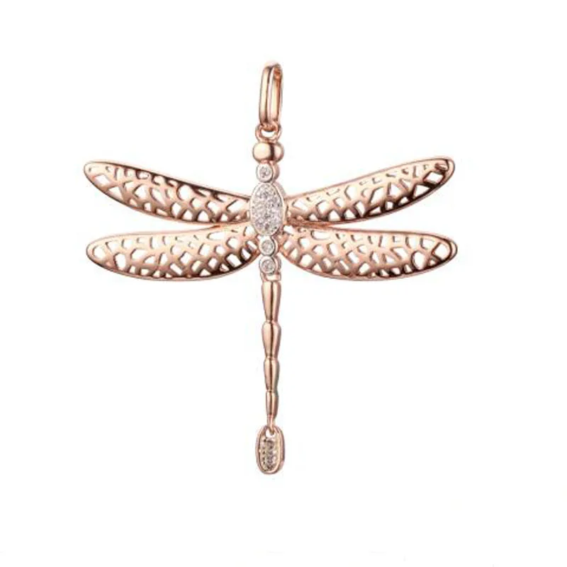 Fj Donna Grande Ciondolo 585 Colore Oro Rosa Libellula Bianco Zircone Cubico Gioielli