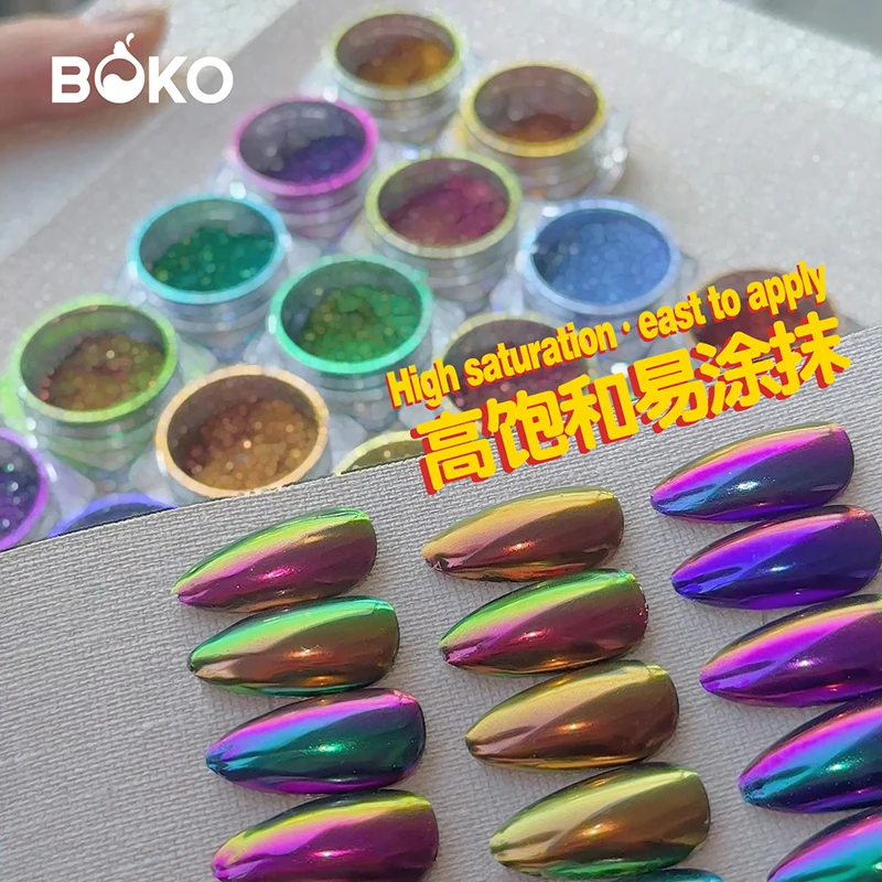 BOKO Chameleon Effect Nail Powder Dust Ultra fine Rich Glossy Pigment Mermaid Mirror Chrome For DIY Nail Art Decoration