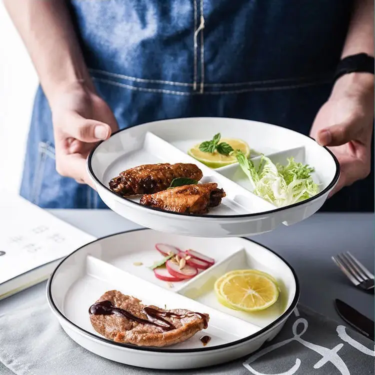 Ceramic 20cm Fat Reducing Divide Plate One Person Eating Alone Breakfast Dinner Plate Children's Mesh Dessert Dish Snack