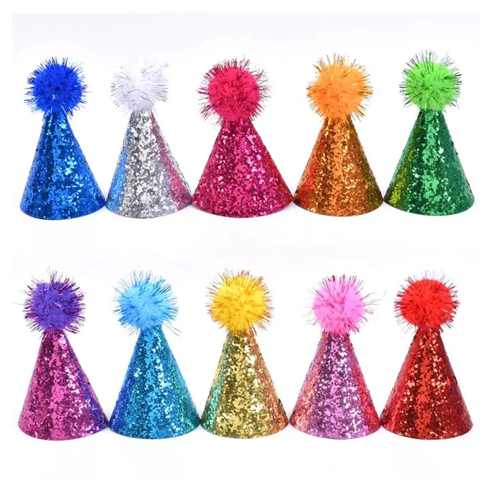 10PCS 다채로운 반짝이 애완 동물 생일 모자 조절 가능한 스트랩 귀여운 개 고양이 파티 모자 생일 축하를위한 사진 소품