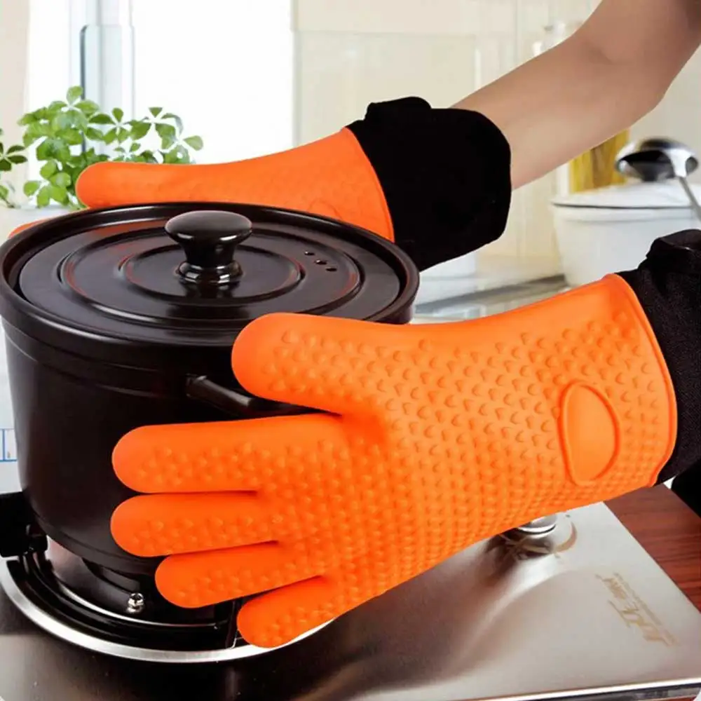 Black Thicken Silicone Oven Mitts Portable Heat Resistant Non-Slip Gloves  for Cooking Baking Hand Protector Home Kitchen Gadgets - AliExpress