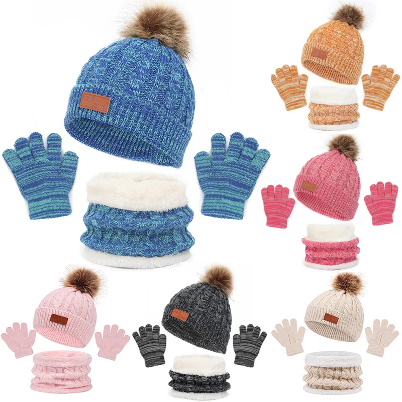 Winter Knitted Baby Hat Scarf Gloves Set Cute Pompom Kids Bonnet Thickened Autumn Hats for Boys Girls Warm Accessories 1-5 Years