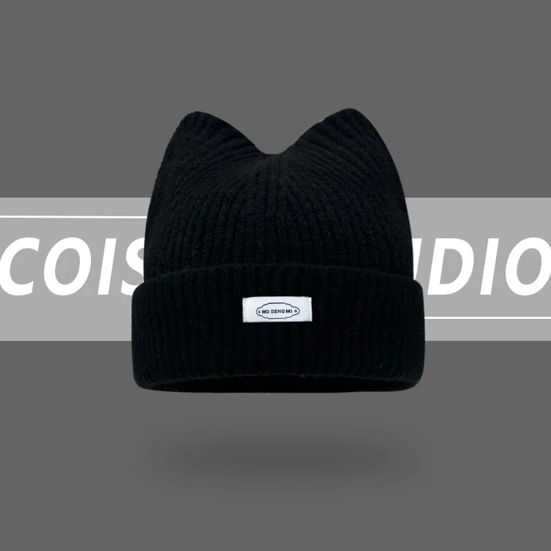 Korean Version New Cute Cat Ear Letter Patch Knitted Hat Women's Autumn and Winter Thickened Warm Versatile Simple Beanie Cap 5