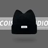 Korean Version New Cute Cat Ear Letter Patch Knitted Hat Women's Autumn and Winter Thickened Warm Versatile Simple Beanie Cap 5