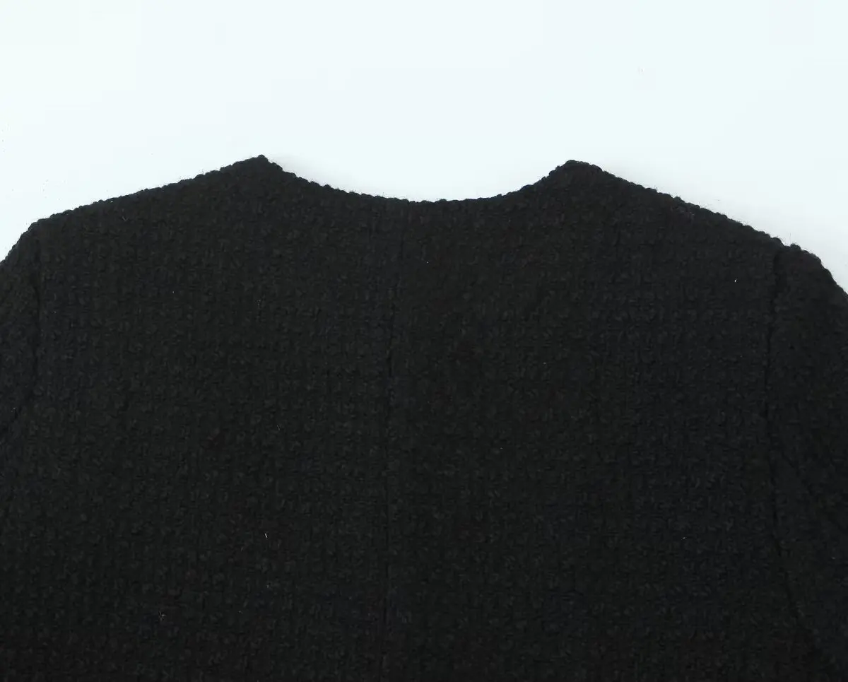 Autumn O neck Soft Woolen Black Tweed Coat Cropped Vintage Women Silver Buttons Full Sleeve Short Blazer Elegant Jacket