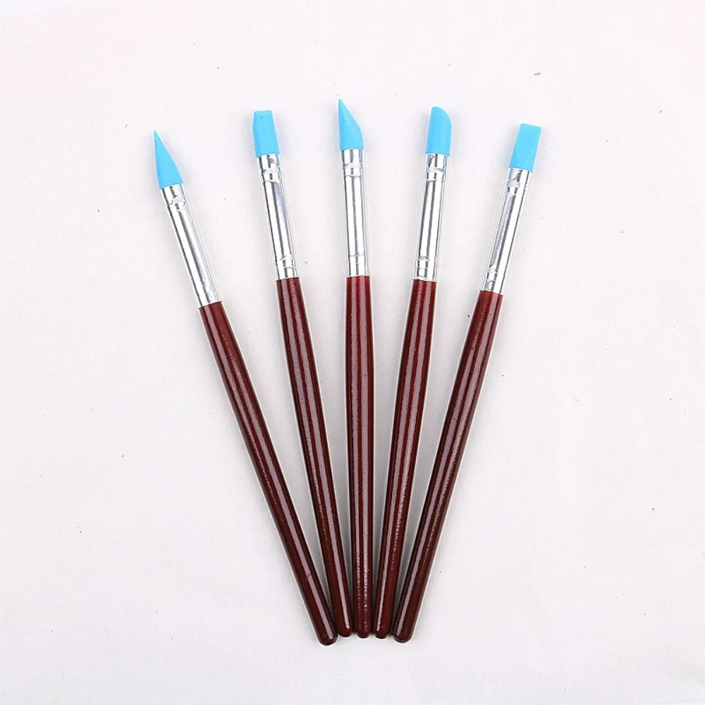 5Pcs Rubber Pen Tip Pen Eraser Multifunctional Wooden Handle Rubber Tip Brushes Multiple Pen Heads Clay Carving Pen 4