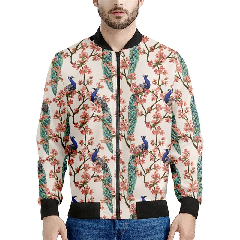 thumbnail image 1 of Chaqueta con cremallera y estampado de plumas de pavo real para hombre, chaqueta con cremallera y estampado floral en 3D, sudadera con capucha para primavera y otoño, 1 of 5