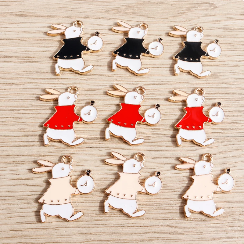 Tusember 10 Stück Emaille-Anime-Uhr-Hasen-Anhänger für Schmuckherstellung, Armband, Halskette, DIY-Ohrringe, handgefertigte Accessoires