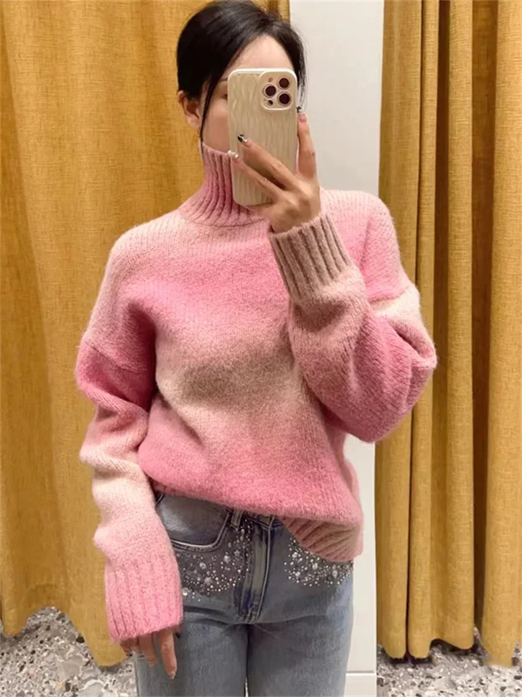 

Women's Pink Gradient Sweater Turtleneck Long Sleeve Sweet Autumn Winter 2023 Wool Blended Knitted Pullover Tops