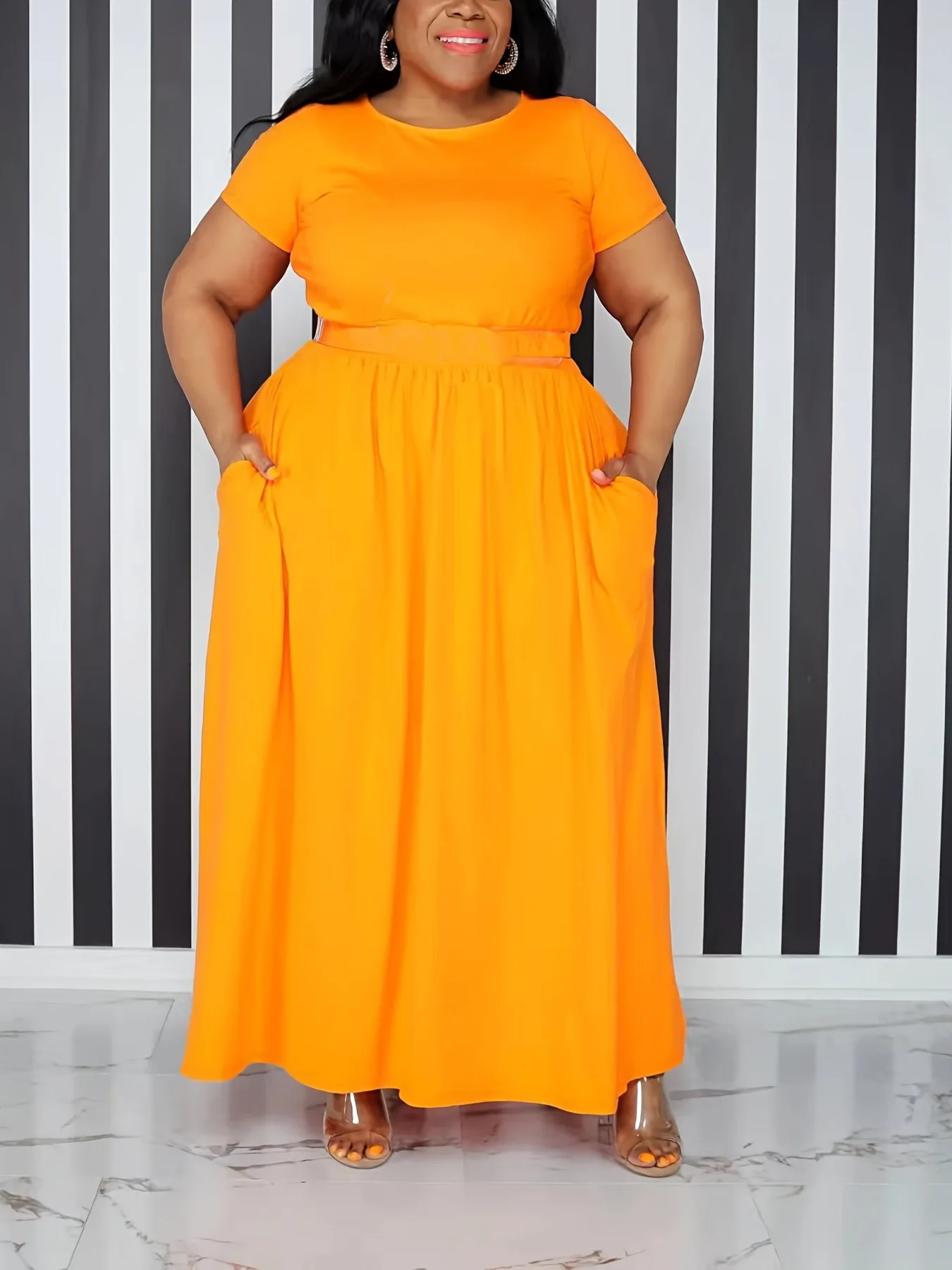 Plus Size Women Casual Dress Loose Solid Color High Waisted Short-sleeved  Round Collar Ladies Dresses 4XL 5XL