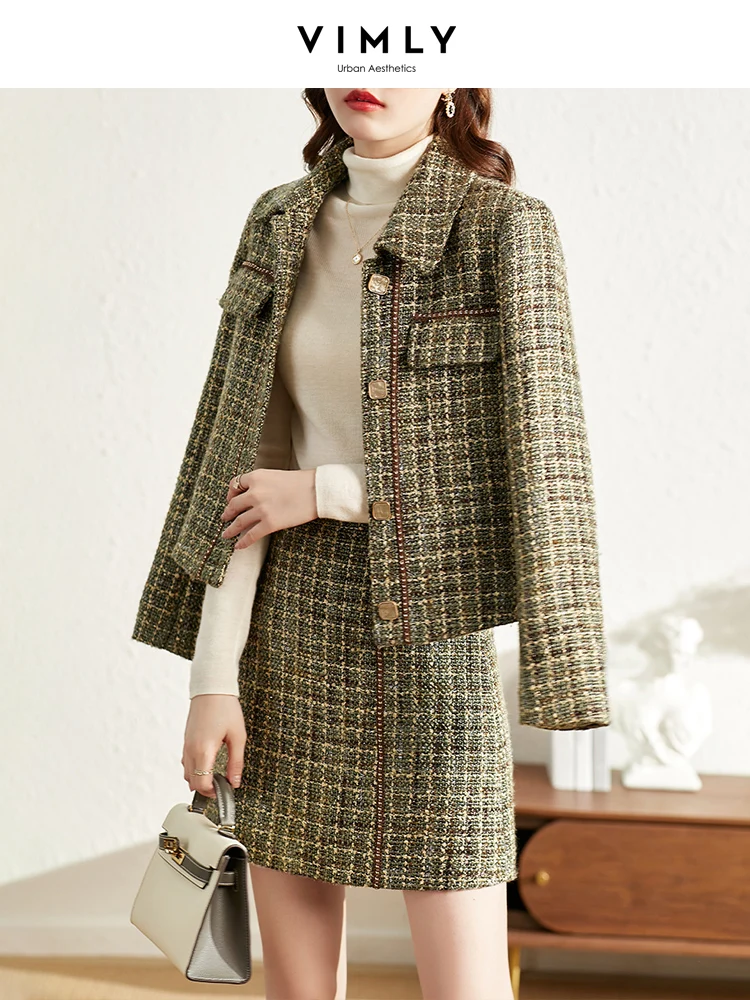 VIMLY Winter Two Pieces Set Jacket for women French Tweed Coat Office Lady  Skirt Set Female Clothing Sets V0117