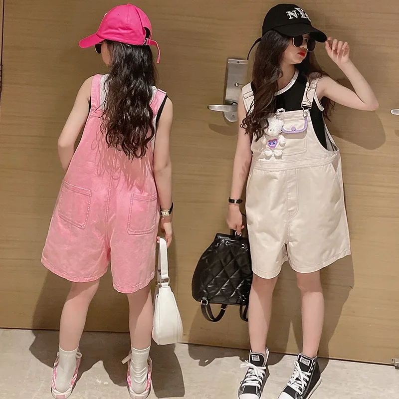 

4 6 8 10 12 Years Girls Clothing Sets Summer Cotton Vest And Bear Doll Overalls Princess Suits Birthday Party Cute Kids Clothes