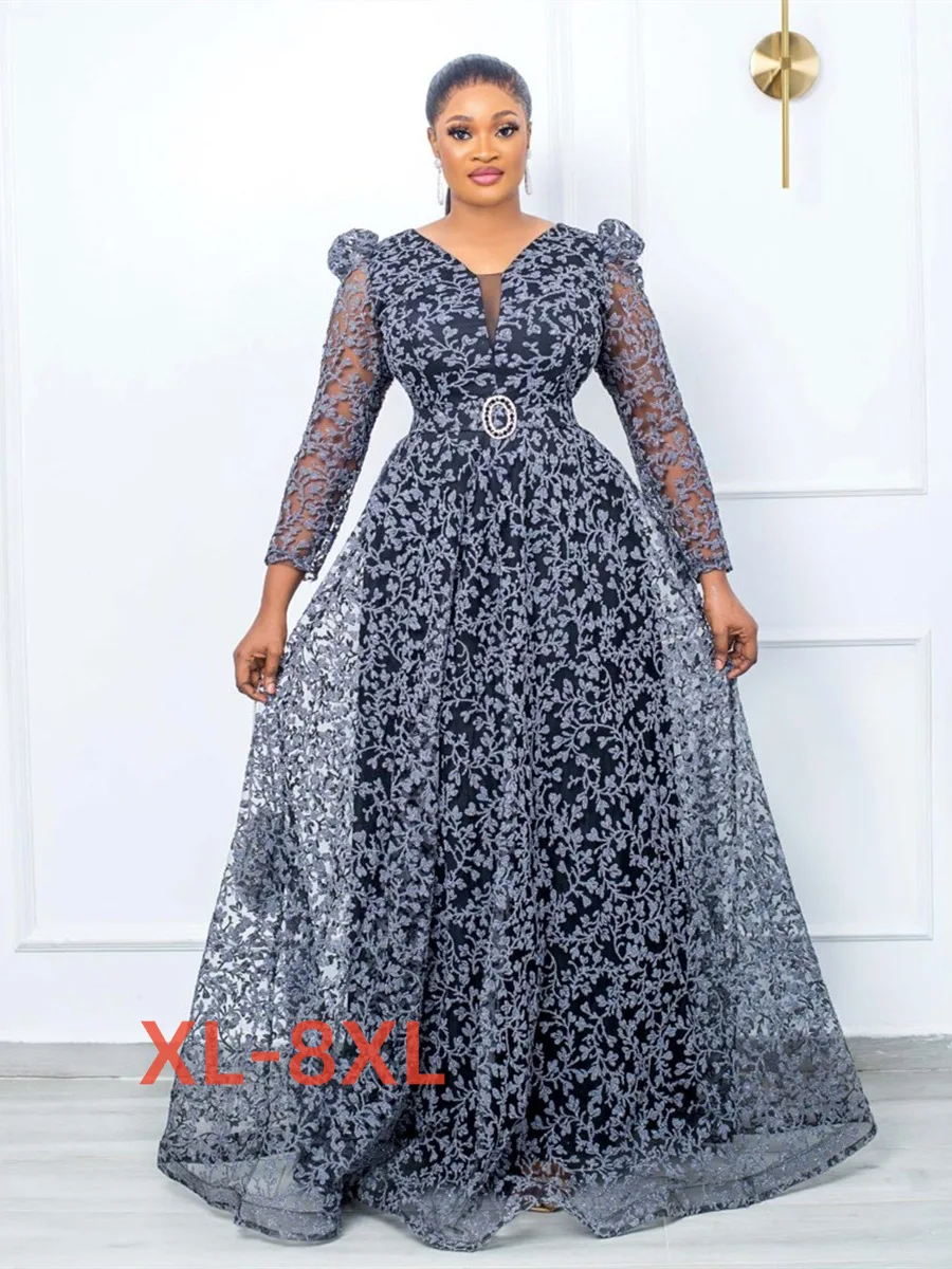 

Plus Size 4xl 5xl 6xl 7xl 8xl New Large Women's Printed Mesh Elegant Mid Waist Long Dress Lace Flower Evening Party Dress