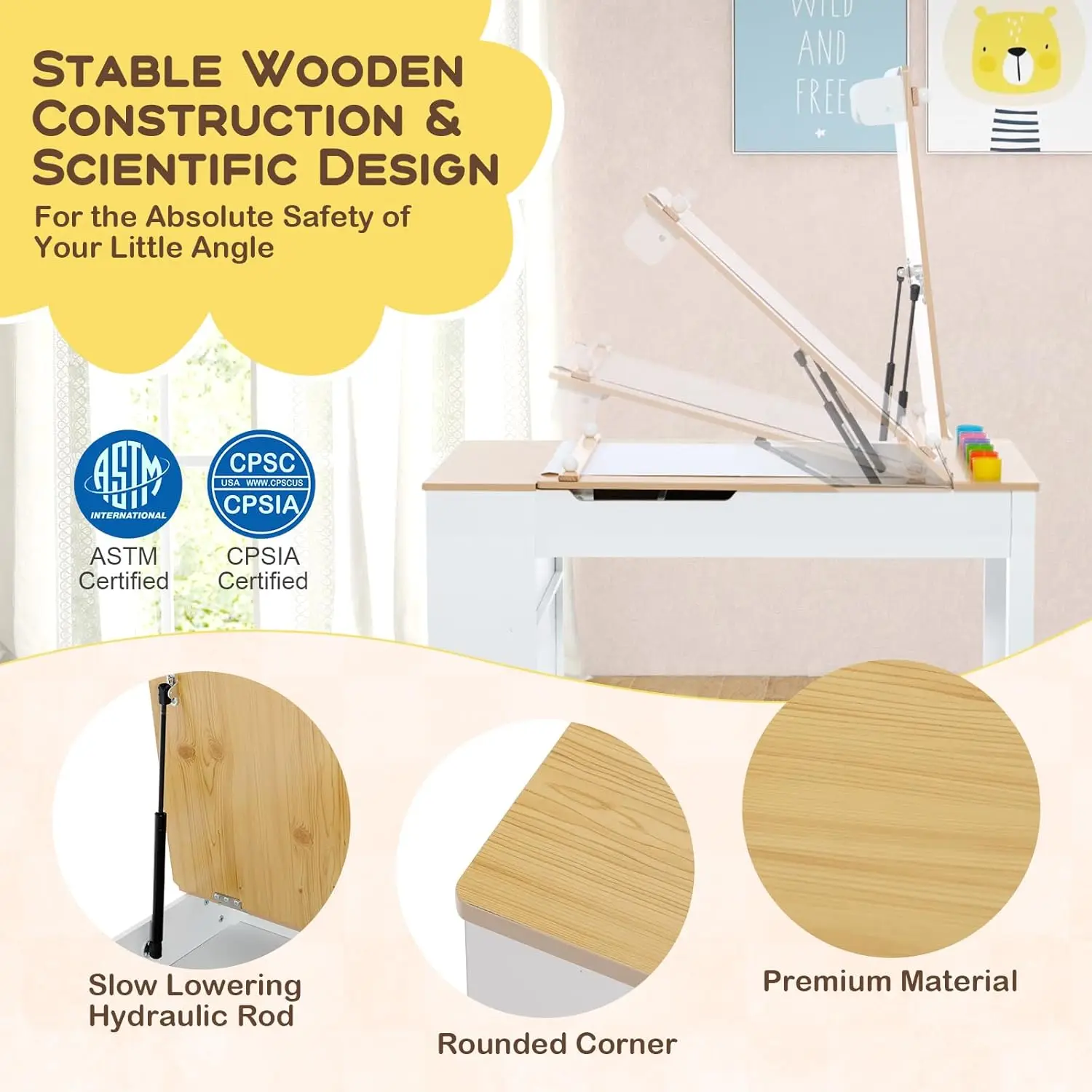 3 in 1 Kids Table and Chair Set, Wood Art Table & Easel Set with 2 Chairs, 6 Storage Bins, Paper Roller, Paint Cups for