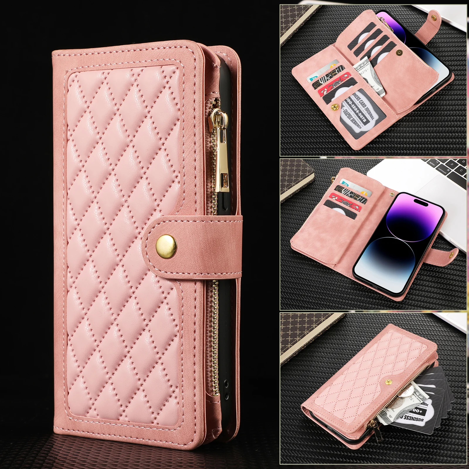 Zipper Wallet Stand Case Leather Flip Phone Cover For iPhone 14 Pro Max 13  12 11