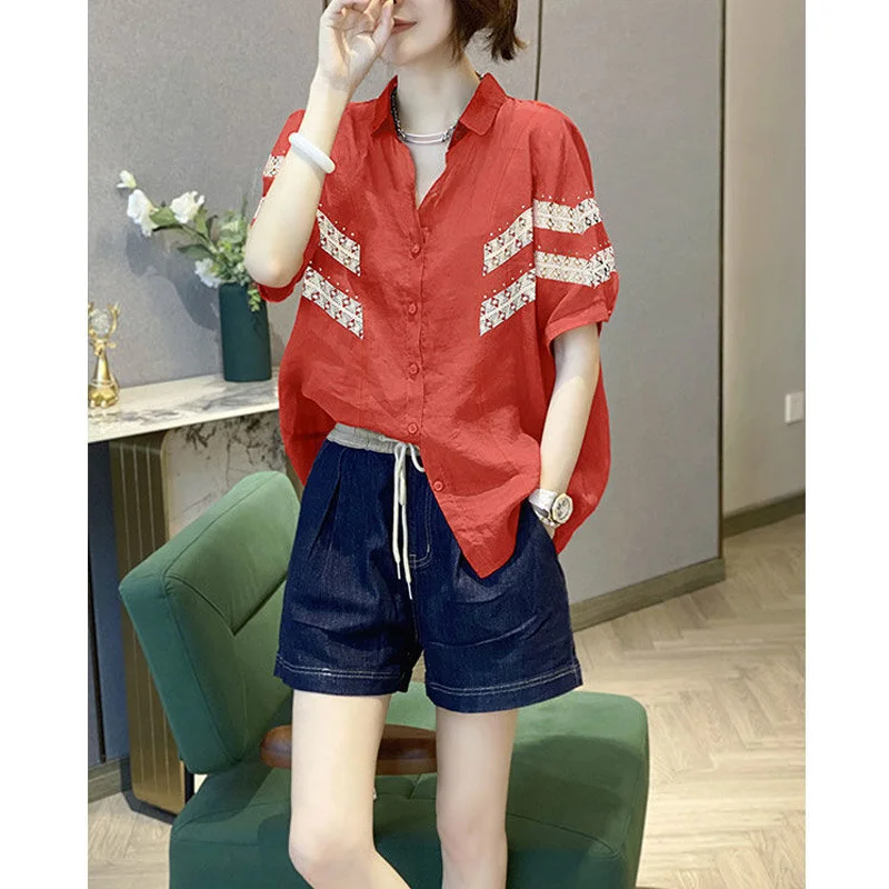 2023 Summer Korean Style Casual Short Sleeve Loose Shirts for Women Printed Patchwork Street All Match Blouse Top Female Blusas
