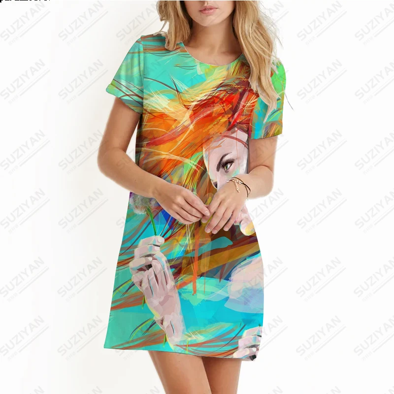 

2023New Spring/Summer Women's Colorful Oil Painting Portrait 3D Printed Beach Skirt Round Neck Pullover Short SleeveA-line Skirt