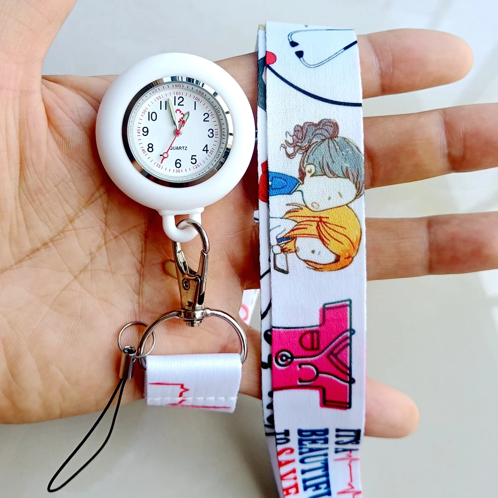 Quartz Watch Pocket Watch Cartoon Printing Lanyards Rope Keychains Nurse Doctor Hospital Medical Name Card Holders Quartz Pocket Watches Hang Clock Gifts