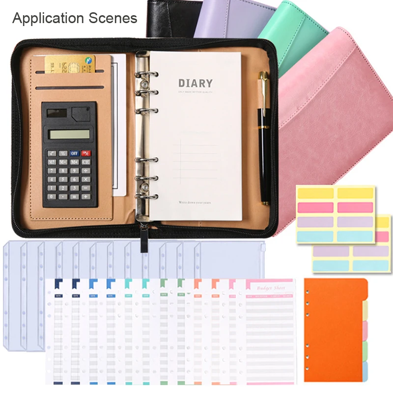 Portable Leather A6 Binder Budget Planner Notebook Pockets Zipper Bags Caculator 6 Hole Binder Covers Folder for School Office