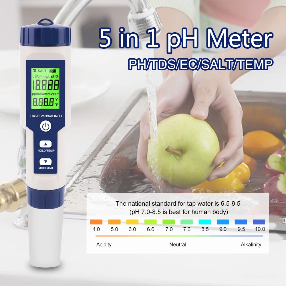 Nuovo Tester Di Qualità Dell'Acqua 5 In 1 Digital Lcd Ph/Tds/Ec/Salt/Temp Meter Ez 9909 Tester Di Monitoraggio Per Piscine Acquari Di Acqua Potabile