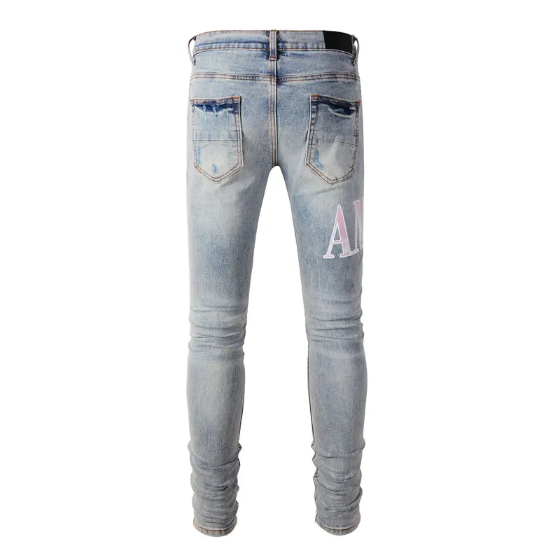 Latest Street Fashion Men's High Quality Jeans Vintage Elastic Slim Fit Split Letter Washed Blue Jeans Men's Designer Hip Hop Br