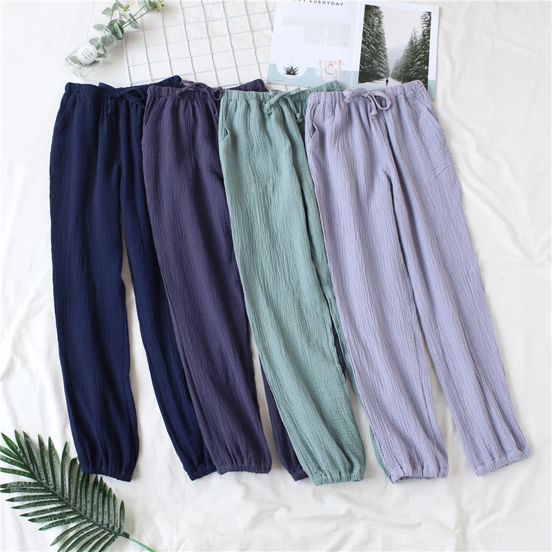 Japanese pajamas men and women spring and autumn home pants cotton washed double gauze loose comfortable trousers casual pants