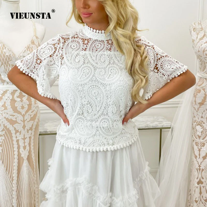 

Женская кружевная рубашка OL, однотонный элегантный пуловер свободного покроя с круглым вырезом и рукавами-фонариками, лето 2022