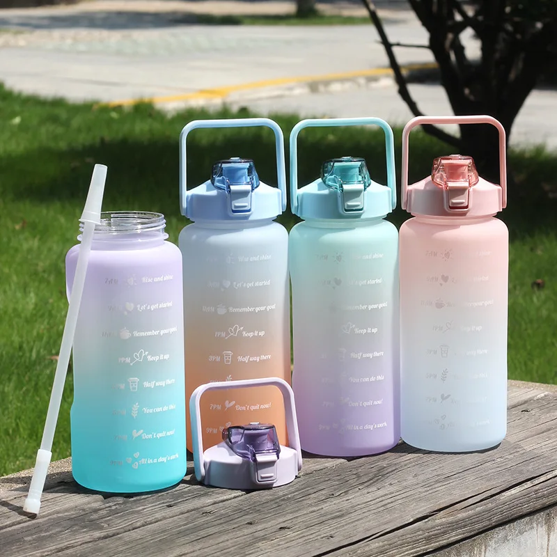 2L Large Capacity Water Bottle Gradient Color Drinking Bottle Sports Water  Bottle Outdoor Travel Portable Reusable Plastic Cups