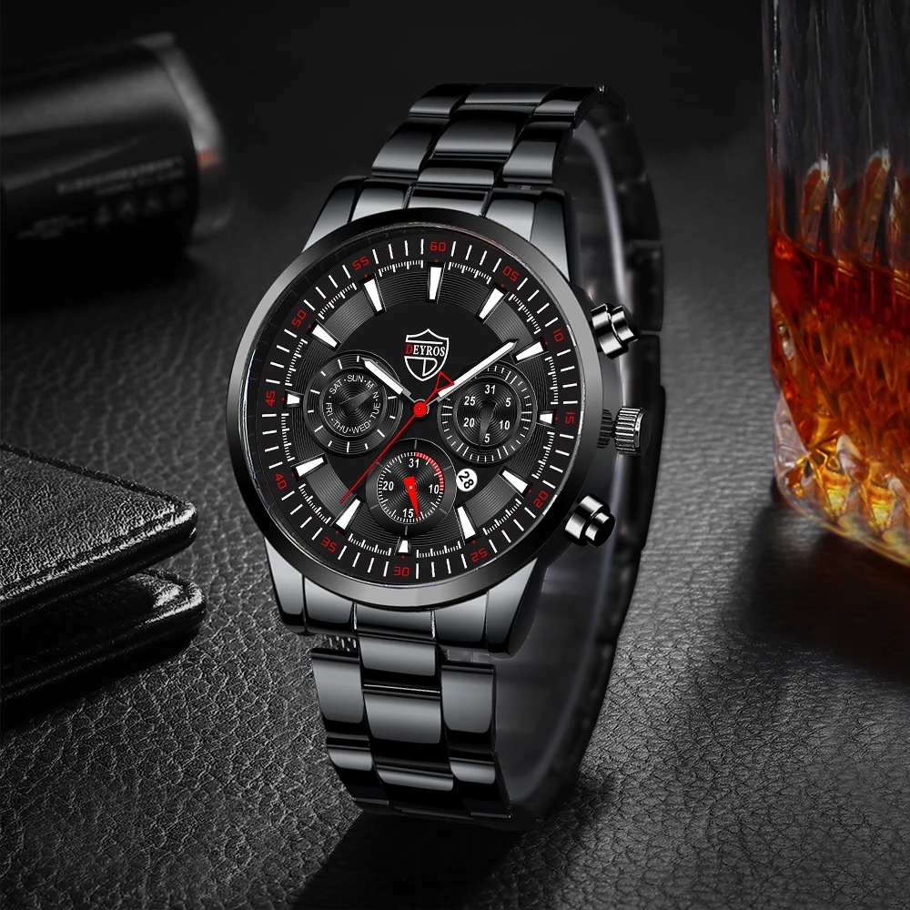 Mens Watches Set Sports Stainless Steel Quartz Watch Business Casual Wrist Watch