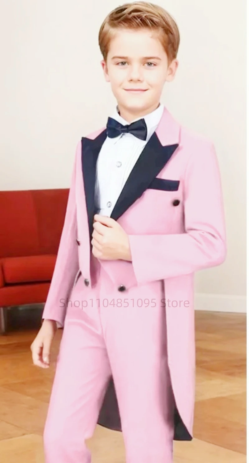 Solid 2-Piece Boys Tailcoat Suit with Peak Lapel Long Jacket And Pants Set for Formal Party Wedding Kids' Tuxedo