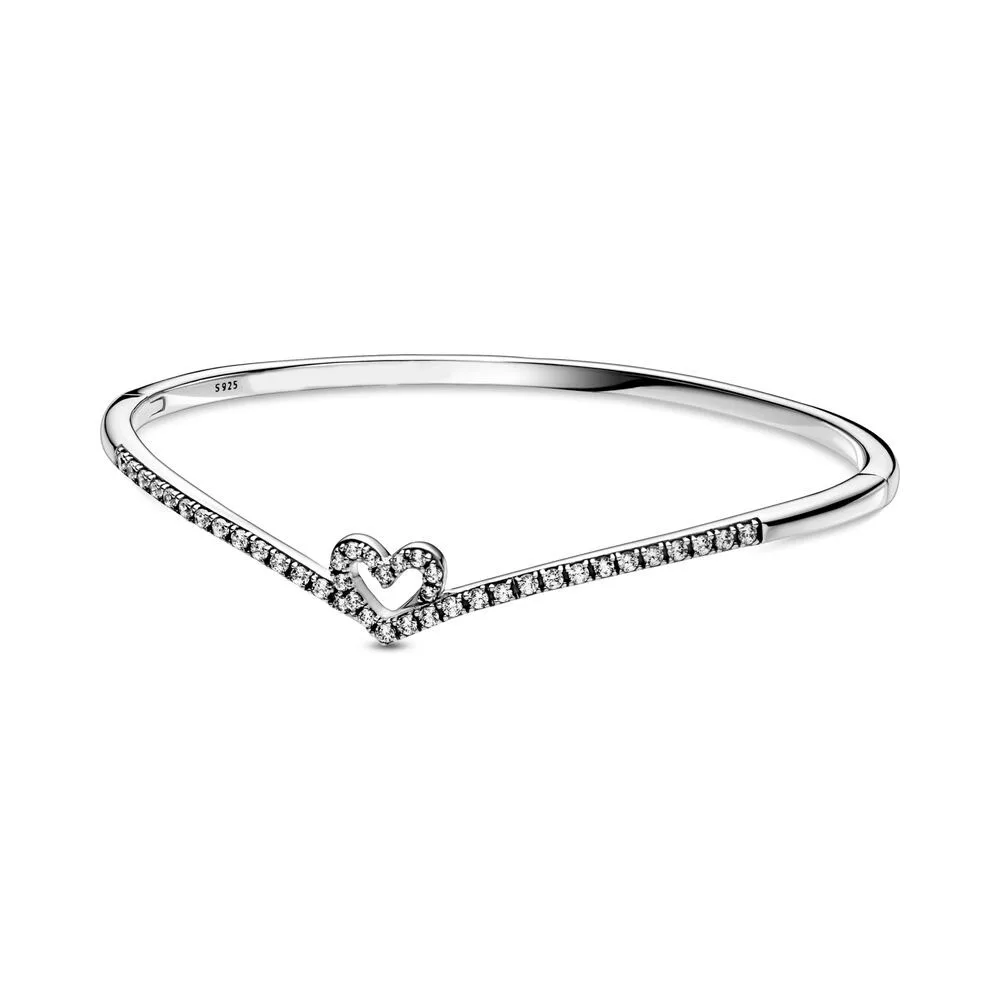 

Authentic 925 Sterling Silver Moments Sparkling Wishbone Heart Fashion Bangle Fit Women Bead Charm Gift DIY Jewelry